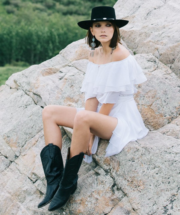 Off shoulder Dress with Cowboy Boots - Try Cute Dresses to Wear With Cowboy Boots